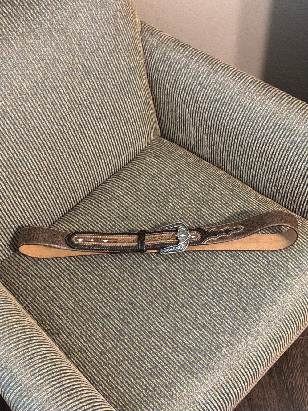 Tony Lama Brown Tooled Leather Belt with Decorative Silver Buckle